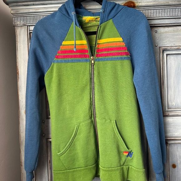 Aviator Nation 2 Tone 5  Stripe Zip Up Hoodie in Green and Blue Size M - Picture 2 of 6